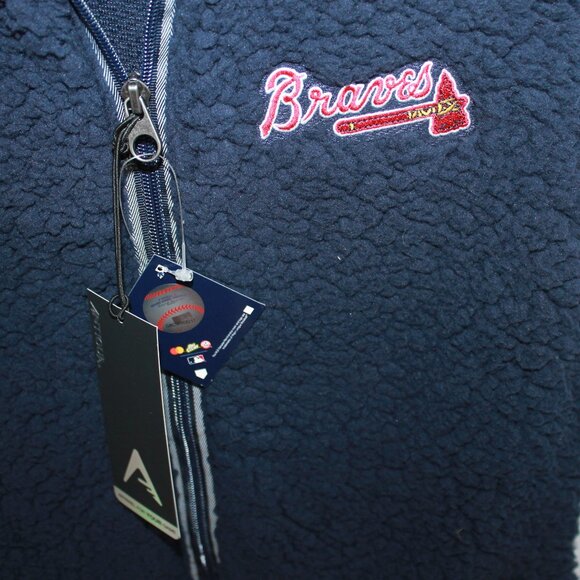 Atlanta Braves Antigua Women's Sherpa Full Zip Vest Jacket Navy Blue Women's M - Picture 2 of 5